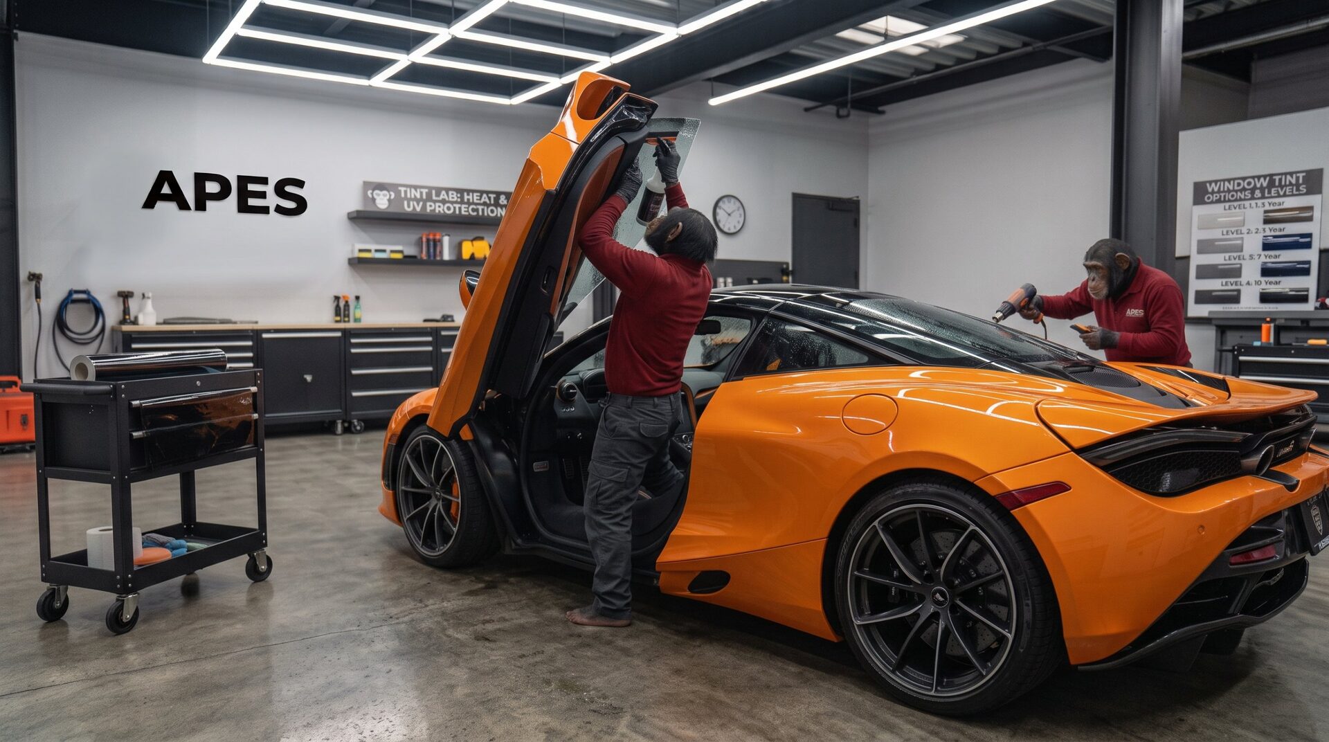 Orange McLaren getting window tint at APES